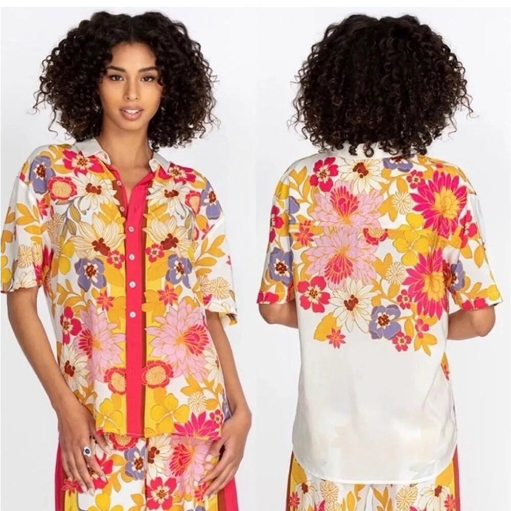 JOHNNY WAS Women’s Size Medium M Floral Silk Collared Button Down Shirt $275